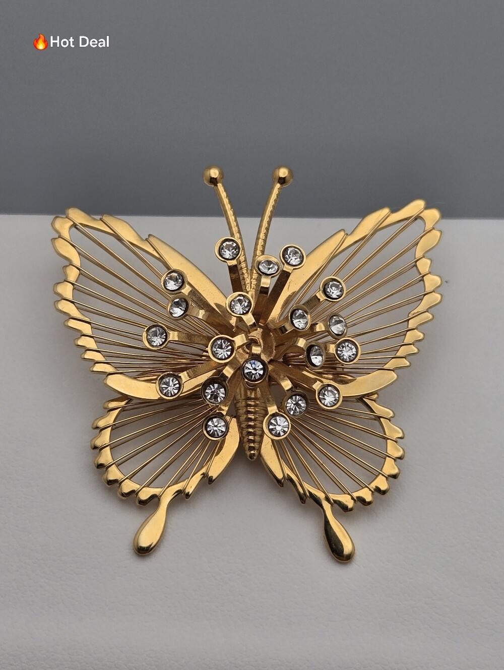 Vintage Monet Spinneret Butterfly Brooch Signed Gold Plated Swarovski Crystal Pi